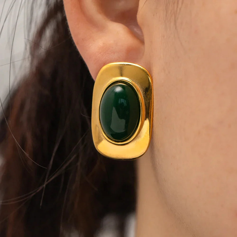 Retro 18K Zlacené Oválné Náušnice s Zelenými Opály